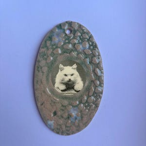 May include: An oval-shaped ceramic ornament with a textured, mottled surface in shades of tan, brown, and green. A circular black and white photographic print of a fluffy cat is embedded in the center. A small hole is at the top for hanging.