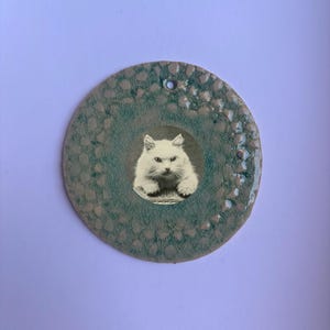 Peut inclure: Un ornement en céramique circulaire présentant un émail craquelé bleu sarcelle et beige avec une surface texturée. Au centre, une impression photographique circulaire en noir et blanc représente un chat touffu assis. Un petit trou est situé en haut.