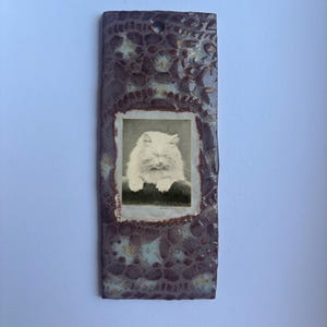 May include: A rectangular ceramic wall hanging with a glossy, mottled purple and blue glaze featuring a textured, honeycomb-like surface pattern. A small, square black and white photograph of a fluffy cat is embedded in the centre, with a hole at the top.