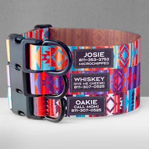 May include: Three colorful dog collars with geometric patterns. The collars have black buckles and D-rings. Each collar has a personalized tag with a name and phone number. The tags read "Josie 811-353-3753 Microchipped", "Whiskey Give Me Cheese! 811-307-0525", and "Oakie Call Mom! 811-307-0525".