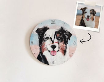 Dog wall clock, Photo pet face art, Hand painted portrait of Border collie, Personalized painting gift, Custom decoration ornament lover