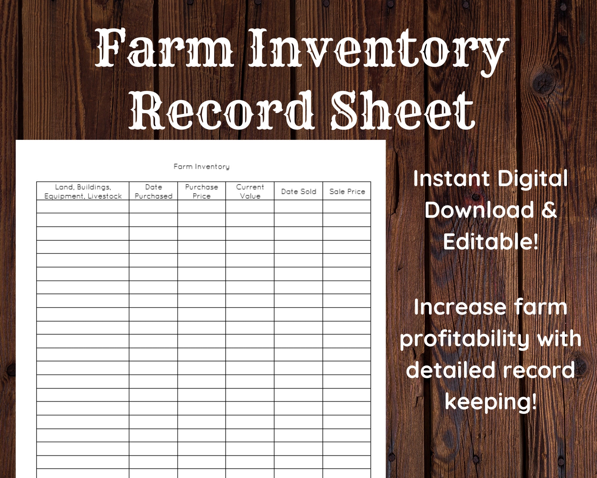Farm Inventory Instant Digital Download Editable Farm Management Record