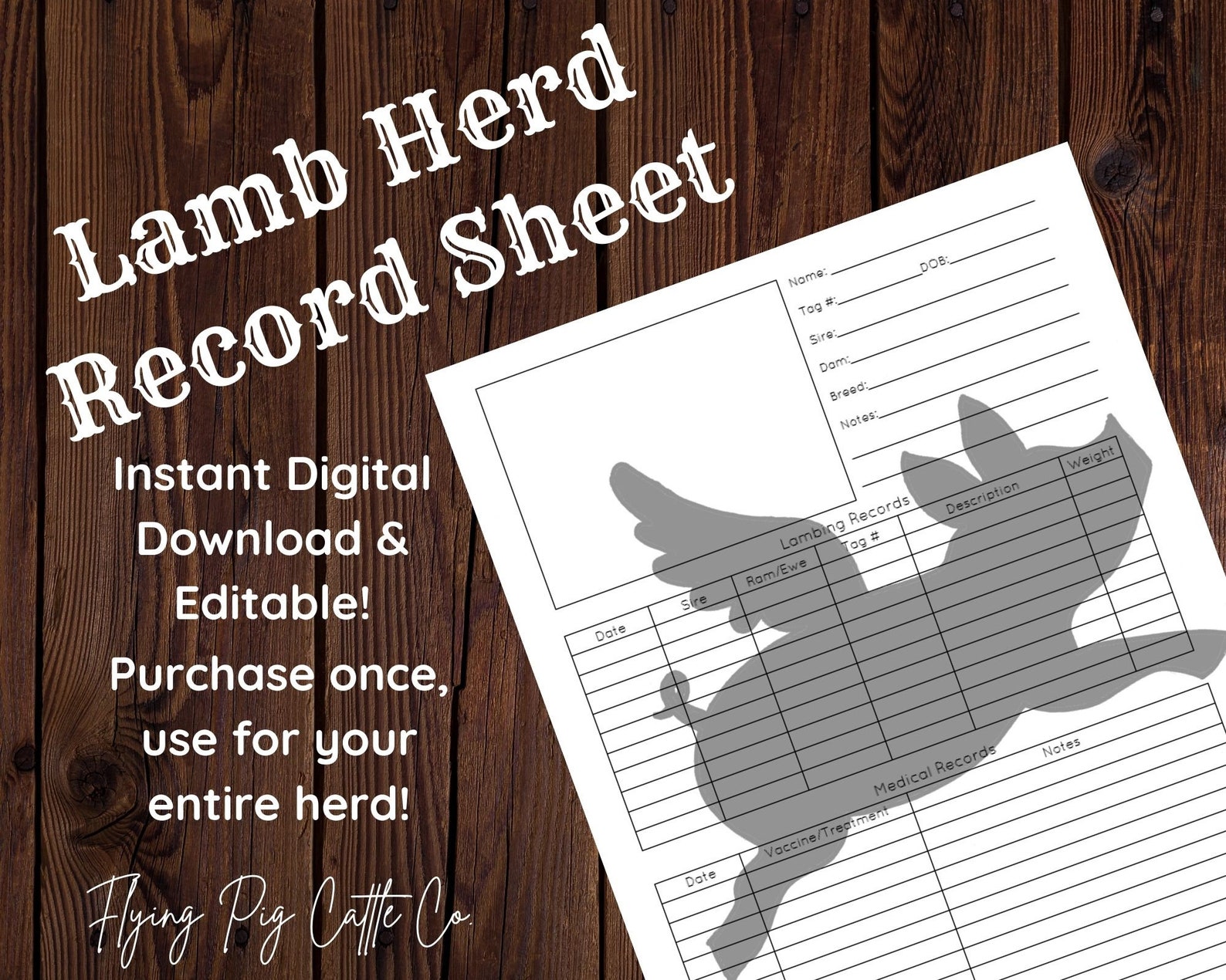 Lamb Herd Record Sheet Instant Digital Download Editable Lamb Herd