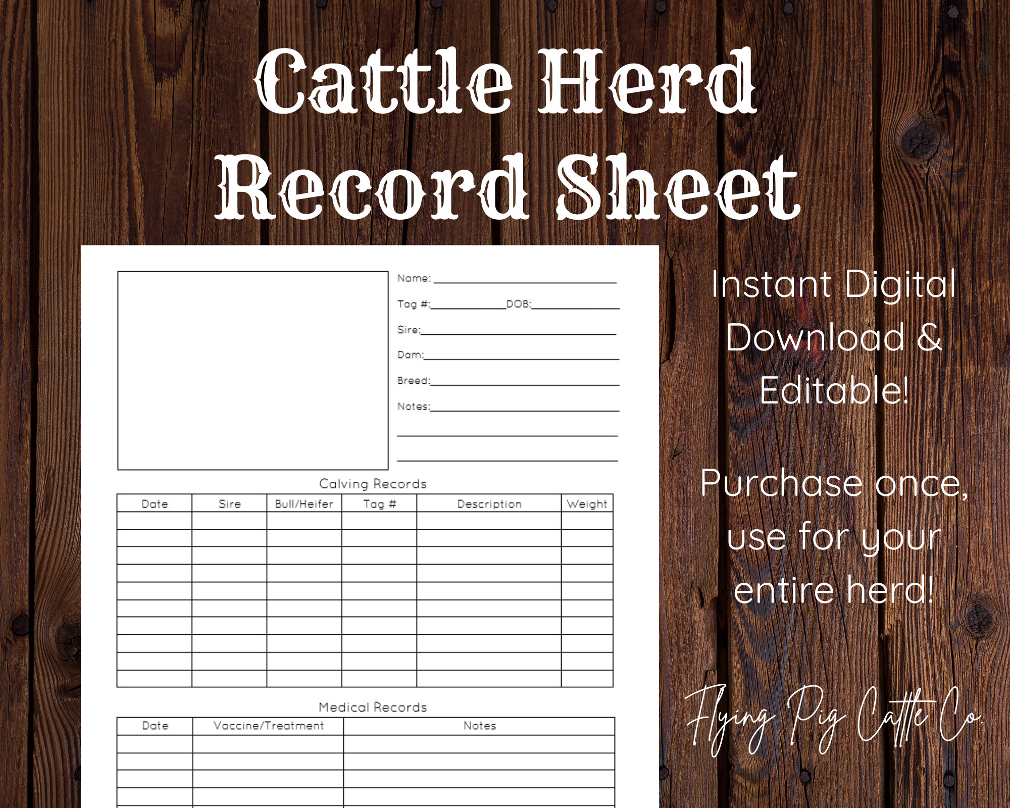 Cattle Herd Record Sheet Editable Instant Digital Download Etsy