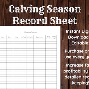 Calving Season Record Sheet - Instant Digital Download - Editable! - Farm Management - Record Keeping