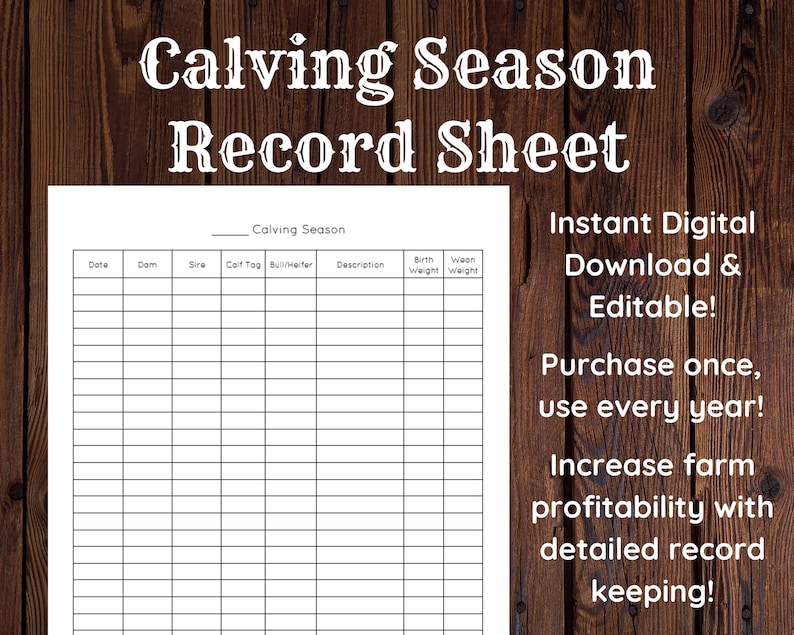 Calving Season Record Sheet - Instant Digital Download - Editable ...