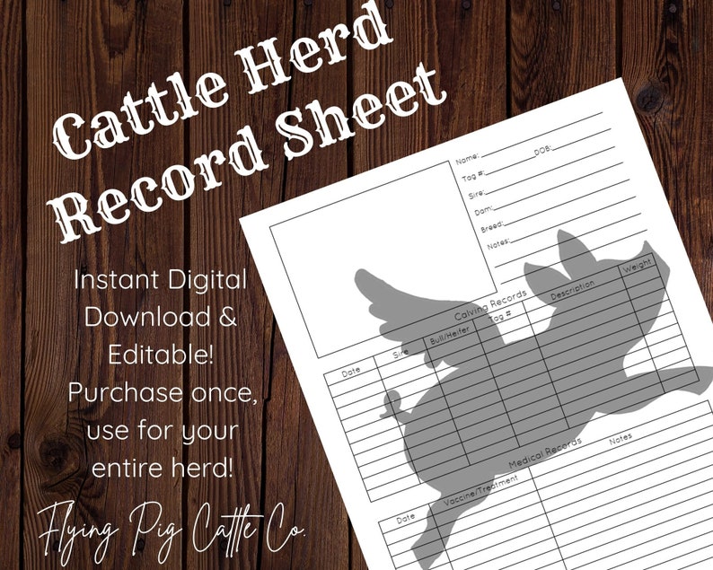 Cattle Herd Record Sheet Editable Instant Digital Download Record