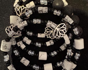 White Howlite Lava Crystal Black Seed Beads Semi Precious Stone Wrap Bracelet Angel