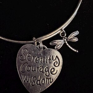 Puede incluir: Pulsera de brazalete plateada con un dije en forma de coraz&oacute;n y un dije de lib&eacute;lula. El dije de coraz&oacute;n tiene grabadas las palabras "Serenity, Courage, Wisdom". El dije de lib&eacute;lula tiene alas detalladas.