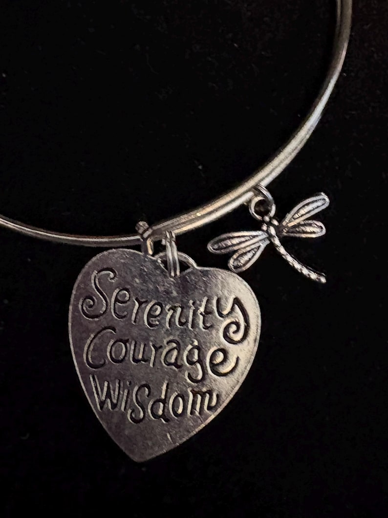 Puede incluir: Pulsera de brazalete plateada con un dije en forma de coraz&oacute;n y un dije de lib&eacute;lula. El dije de coraz&oacute;n tiene grabadas las palabras "Serenity, Courage, Wisdom". El dije de lib&eacute;lula tiene alas detalladas.
