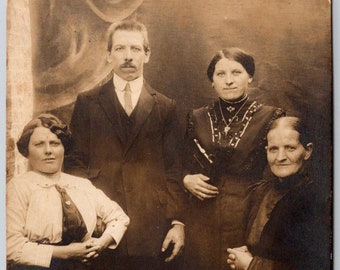 RPPC Studio Portrait of a Belgian Family Antique Real Photo Postcard with French Message 1916 Three Women and a Man