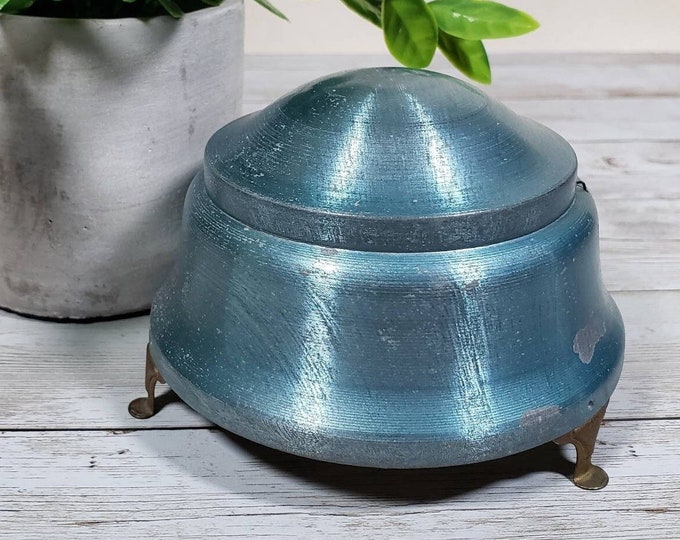 Musical Powder Box Blue Brushed Metal Plays Easter Parade Vintage Music
