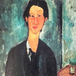 May include: A painting of a person with dark hair wearing a black jacket. The person is sitting with their hands clasped in their lap. The background is a teal blue color.