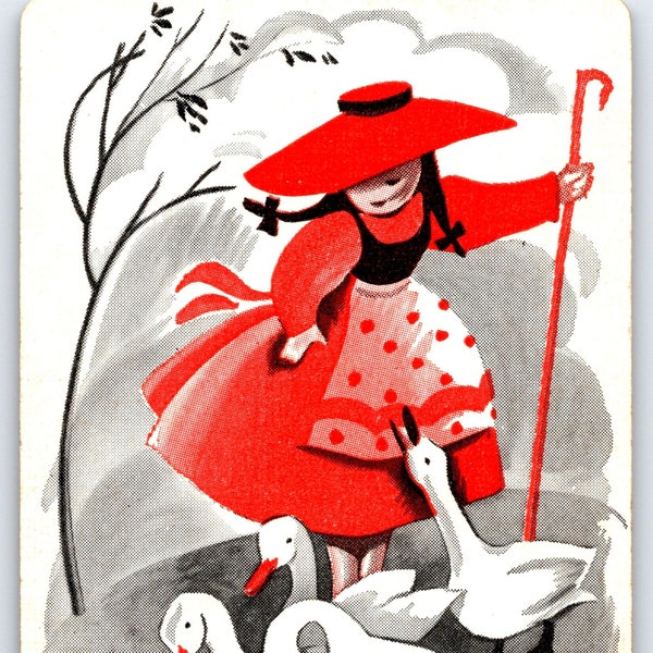 Girl with Ducks Playing Card Single Collectible Swap Card Ace Jack Queen King Numbers Junk Journal Art Card Big Hat Red Dress Vintage Cute