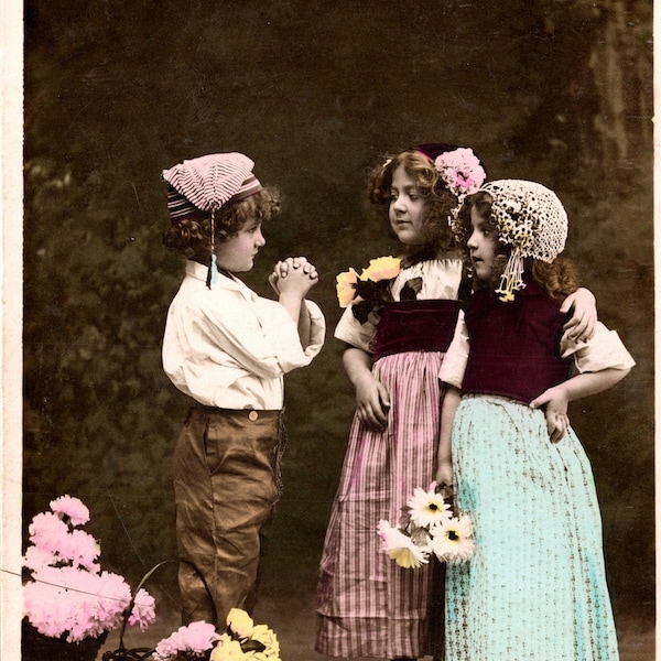 Little Flower Merchant Hand Colored Real Photo Postcard | Little Boy Selling Flowers to 2 Girls | ND Phot Neurdein Freres French RPPC