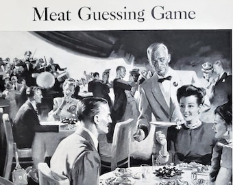 American Meat Institute 1945 Original Vintage PRINT AD 10.5 x 13 Post World War 2 Era Meat Guessing Game Packing Industry Products Quiz