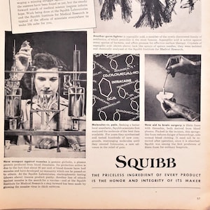 Może przedstawiać: Czarno-białe zdjęcie kobiety w białym fartuchu laboratoryjnym pracującej z kolbą i strzykawką. Tekst "Squibb" znajduje się dużymi, pogrubionymi literami na dole obrazu. Tekst "Nieoceniony składnik każdego produktu to honor i uczciwość jego producenta" znajduje się pod logo Squibb.