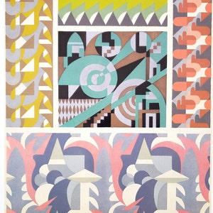 Może przedstawiać: Kolorowy abstrakcyjny wydruk artystyczny z geometrycznymi kształtami i wzorami w odcieniach zieleni, błękitu, żółci, czerwieni i brązu. Wydruk jest podzielony na cztery sekcje, z których każda ma inny projekt.