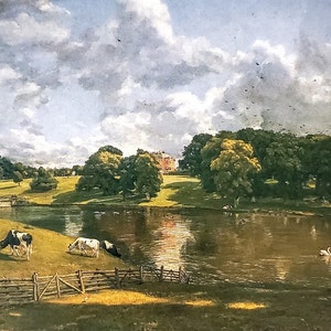 May include: A pastoral landscape painting featuring a lake, cows, and a distant building. The sky is filled with clouds, and a small boat with people is on the water. The scene is framed by a wooden fence and lush greenery.
