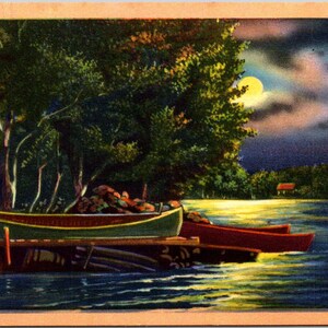 Postcard Canoes on Shore at Night Under a Full Moon Unused