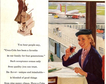 1953 Coke VINTAGE PRINT AD Woman at Airport Coca Cola Advertisement 6.75 x 10 Collectible Mini Poster