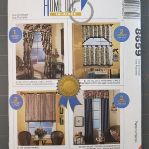 May include: A sewing pattern for home decor projects, featuring four different window treatment designs: an arched cornice with lined drapes, a tab valance with a band and cafes, a tab roman shade, and an easy pleat topper with unlined drapes. The pattern is labeled "Home Dec in a Sec" and includes estimated sewing times for each design.