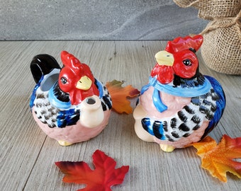 Hen and Rooster Creamer and Sugar Bowl | Vintage Hand-Painted Chickens | Country Farmhouse Kitsch | Figural Set
