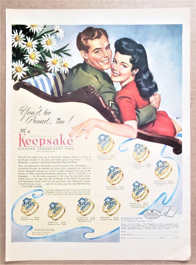 Keepsake Diamond Engagement Rings 1945 Original Vintage PRINT AD 10.5 x 13 Post WWII Era Beautiful Artwork image 1