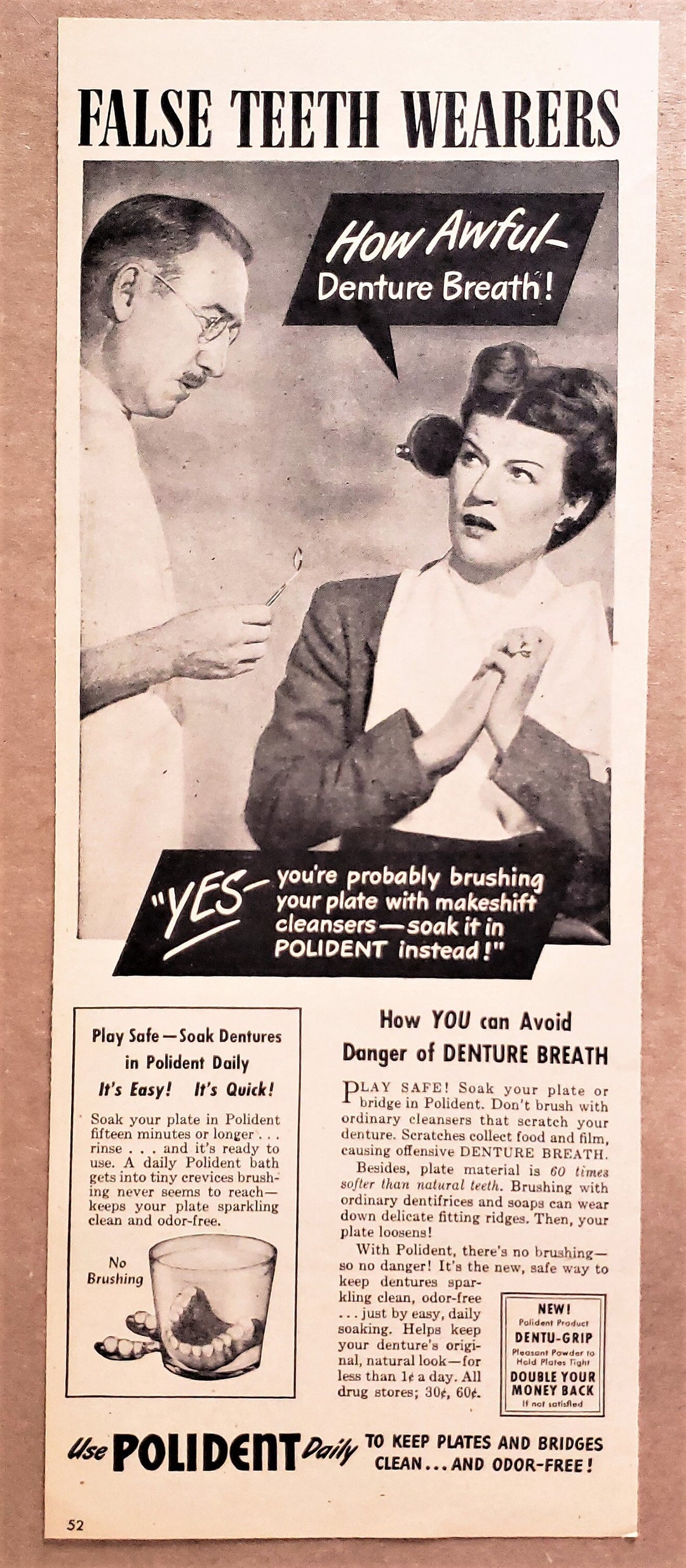Polident False Teeth Cleaner 1945 Original Vintage PRINT AD 5 X 13