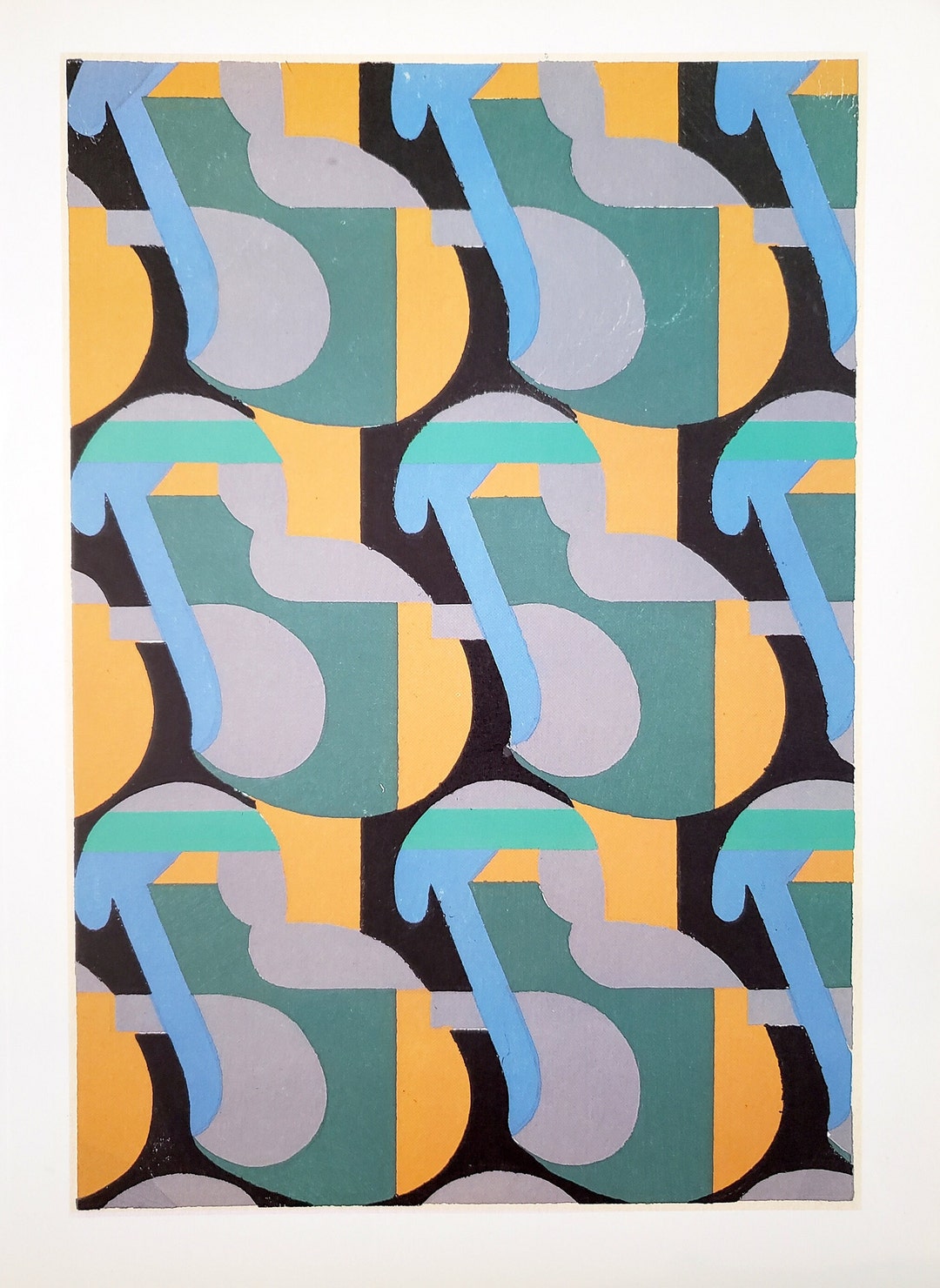 Art Deco Print Blue Green Yellow Curves Angles 11 X 15 Book Plate 1988 ...