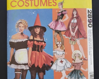 McCalls 2890 Costumes Sewing Pattern All Sizes Sexy Halloween French Maid Witch Saloon Girl Red Cape Miss Nurse Country Girl
