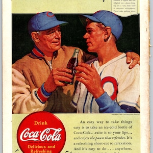 1940 Coke PRINT AD Baseball Coach and Player WWII Era Coca Cola