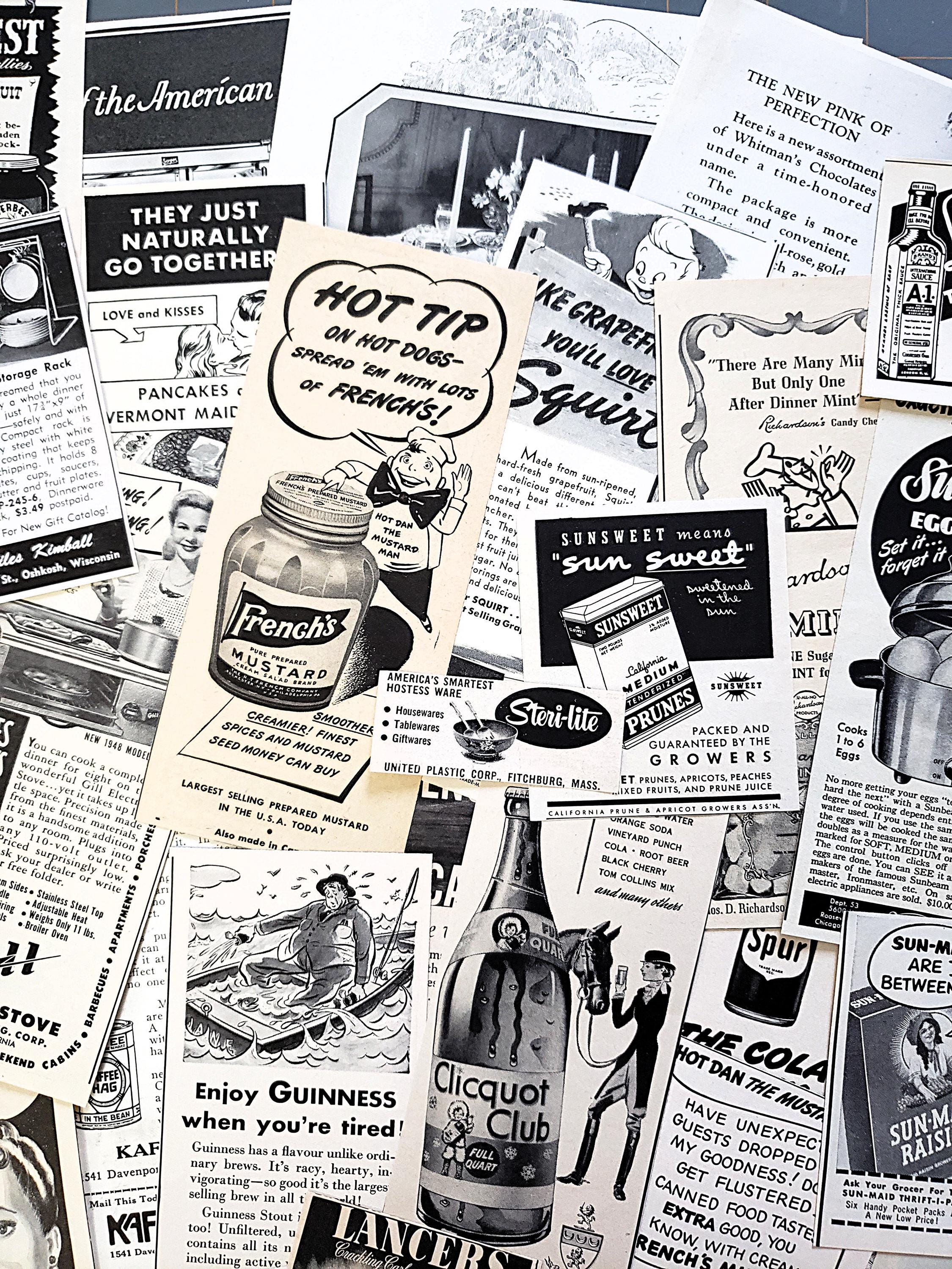 Small Vintage Black and White Print Ads 50+ Pcs Food and Kitchen Theme ...