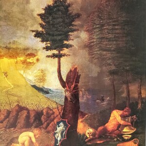 May include: A painting depicting a mythical scene with a nude figure, a tree, and a shield with a lion. The scene is set in a forest with a rocky landscape and a cloudy sky.