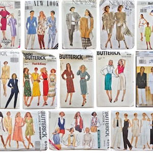 May include: A selection of vintage sewing patterns, displaying illustrations of women's fashion designs. The patterns feature dresses, suits, and separates, from brands such as Butterick and New Look. Measurements are in centimeters.