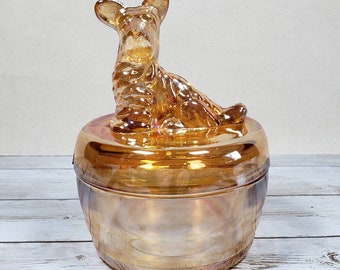 Powder Jar with Scottish Terrier Lid | Iridescent Marigold Glass Dish by Jeannette | Scotty Dog Candy Jar | Scottie Trinket Box