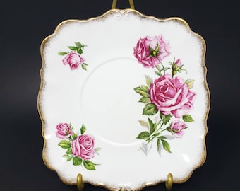 Orleans Rose Gilt Edge Square Lunch Plate by Royal Standard Fine Bone China | Pink Roses, Scalloped Edge | Vintage English Country Dishes