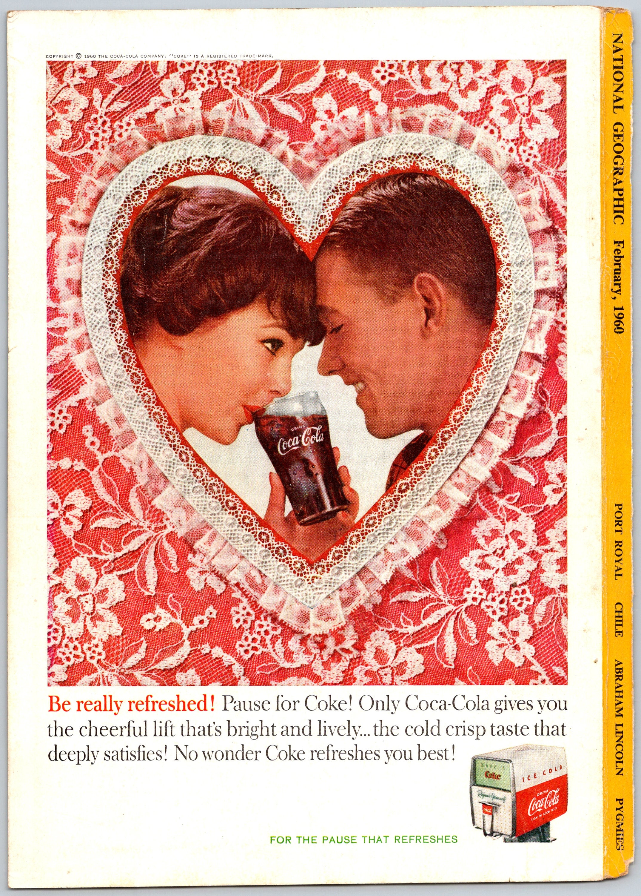1960 Coke VINTAGE PRINT AD Valentines Couple Heart Lace Refreshing