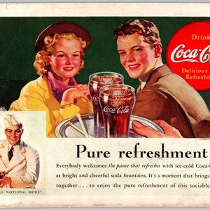 1938 Coke PRINT AD Teenagers Date Coca Cola Advertisement Pure Refreshment 6.75 x 10 Kitchen Diner Decor 1930s Vintage Mini Poster