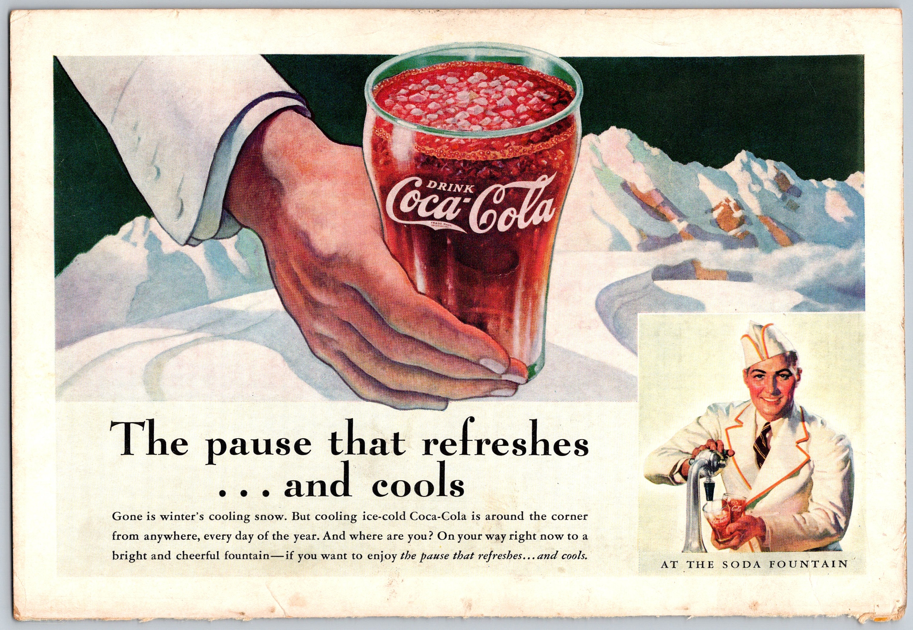 1937 Coke PRINT AD Snowy Refreshes and Cools Coca Cola