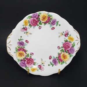Autumn Glory Handled Cookie Plate by Queen Anne Fine Bone China | Vintage Floral Serving Tray | Pink and Yellow Chrysanthemums