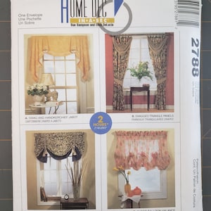 May include: A sewing pattern for window treatments, featuring four different styles: a swag and handkerchief jabot, swagged triangle panels, a tassel tie-up topper, and a sheer balloon valance. The pattern is from McCall's Home Dec In-A-Sec and includes instructions for making each style.