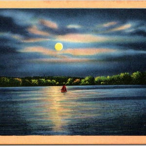 Cartão postal Veleiro em um lago à noite sob a lua cheia sem uso