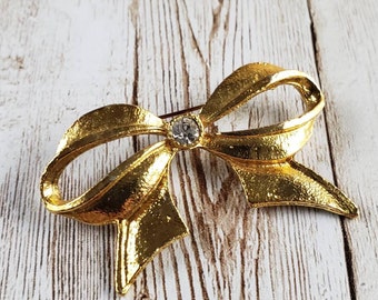 Gold Tone Bow Shaped Brooch with Rhinestone | Vintage Pins and Brooches | Work Christmas Party Pin | Secret Santa Gift for Her