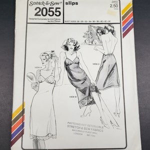 May include: A vintage sewing pattern for slips, designed for knit fabrics. The pattern is for sizes 28 to 44 and features three different views of the slip. The pattern is titled "Stretch & Sew slips 2055" and is designed by Ann Person.