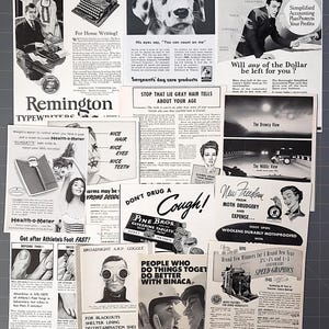 May include: A collection of vintage advertisements from the 1940s. The ads feature products such as typewriters, cough drops, dog care products, and mothproofing for woolens. The ads are in black and white and have a retro aesthetic.