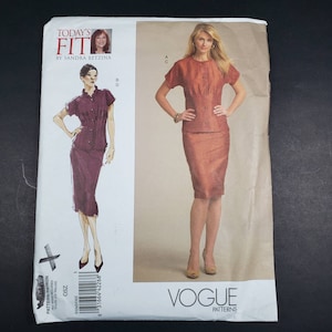 May include: A sewing pattern for a skirt and top set. The pattern is from Vogue Patterns and is called "Today's Fit" by Sandra Betzina. The pattern shows a woman wearing a brown skirt and top with short sleeves.