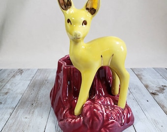 Shawnee Pottery Deer Planter | Yellow Doe on Maroon Red Base with Log | Woodland Creatures Figural Plant Pots | Cute Kitschy Collectibles