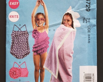 Toddlers Childrens One Piece Two Piece Swimsuit Panties and Hooded Cover Up McCalls M6729 Sewing Pattern 2013 Easy Knits Size 3 4 5 6 UNCUT