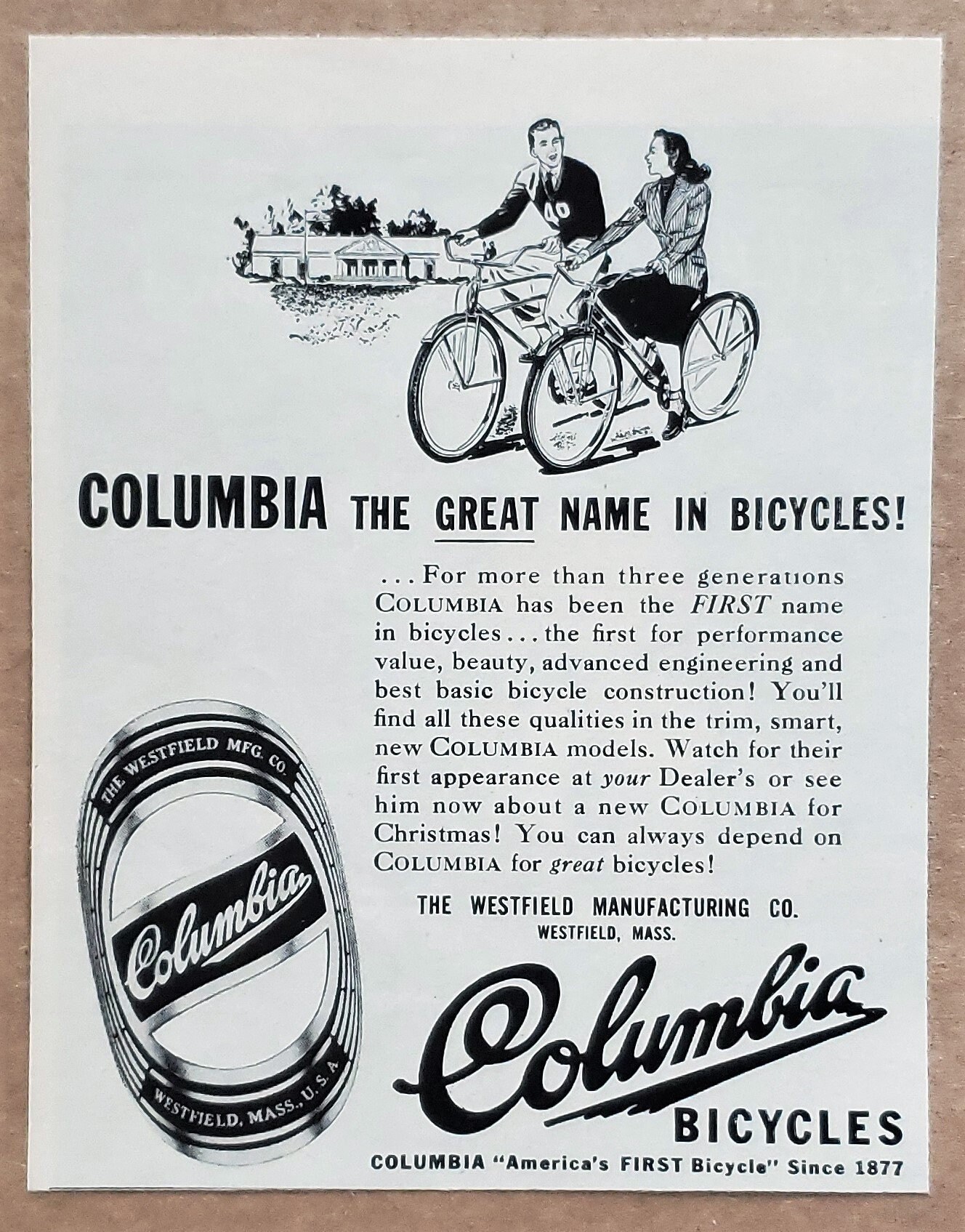 Columbia Bicycles 1945 Small Original Vintage PRINT AD 5 x 6 Inches Westfield Manufacturing Massachusetts